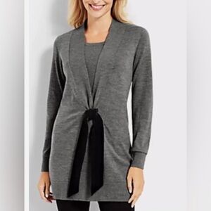 Talbots Merino Wool Cardigan Duster Sweater Top Velvet Tie Medium Petite Grey